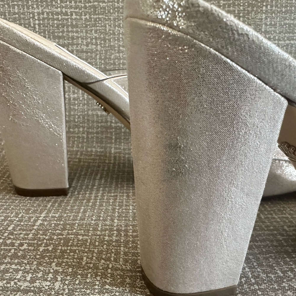 Nina New York Silver Bow Heels Sz 8.5M Clear Strap Block Sandals Wedding Evening - Picture 9 of 14